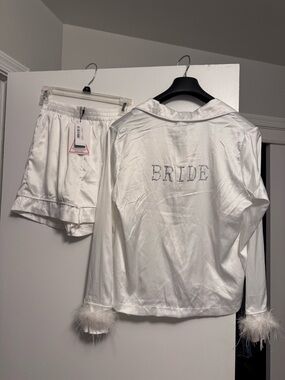 BRIDE Satin Pajama Set with Feather Cuffs - White